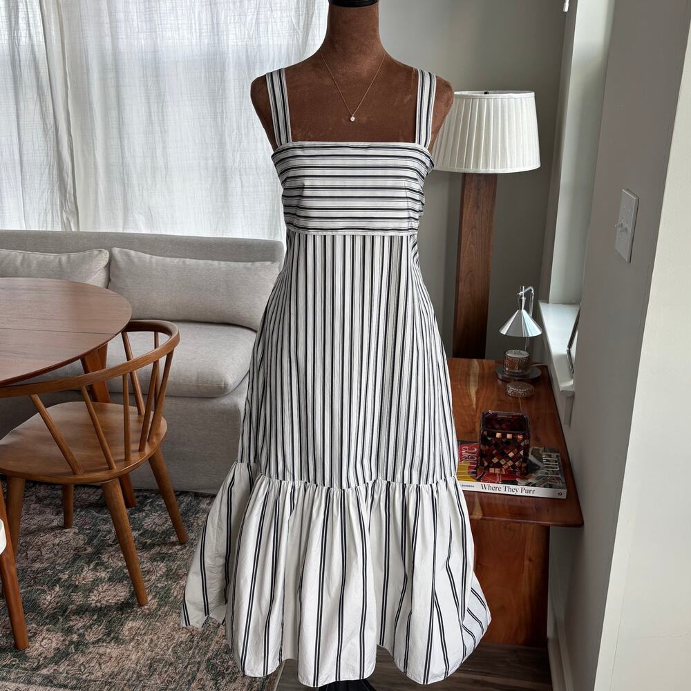 Theory Ventura Stripe Tie-Back Cotton Midi Dress‎ Sundress Black White Medium